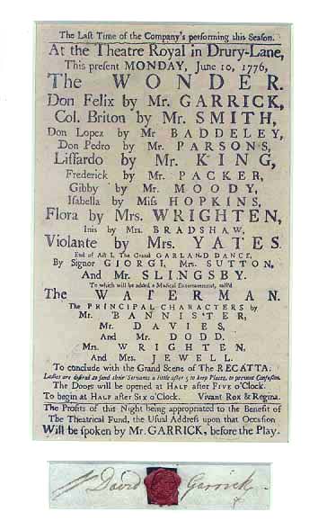*ACTOR DAVID GARRICK 18TH CENTURY AUTOGRAPH BROADSIDE* 