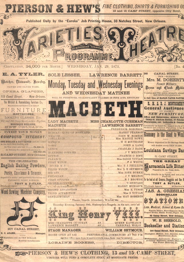 *LAWRENCE BARRETT & CHARLOTTE CUSHMAN 1873 PROGRAM*