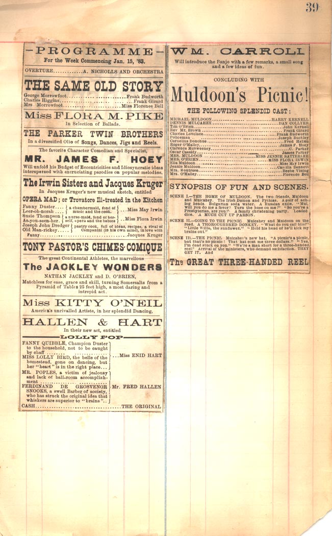 *MAY & FLO IRWIN RAREST 1883 TONY PASTOR PROGRAM*